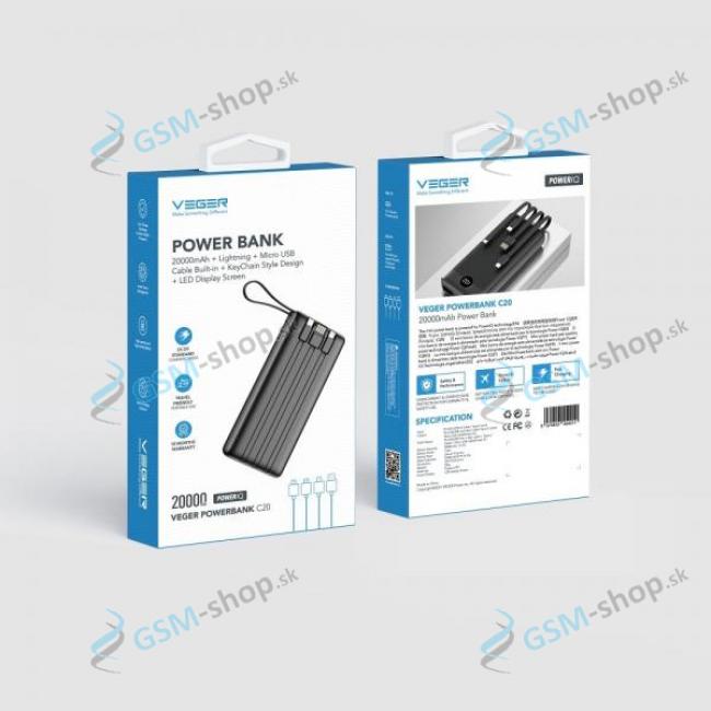 PowerBank VEGER C20 (W2047) 20 000 mAh so vstavanmi kblami microUSB, USB-C a Lightning ierna 