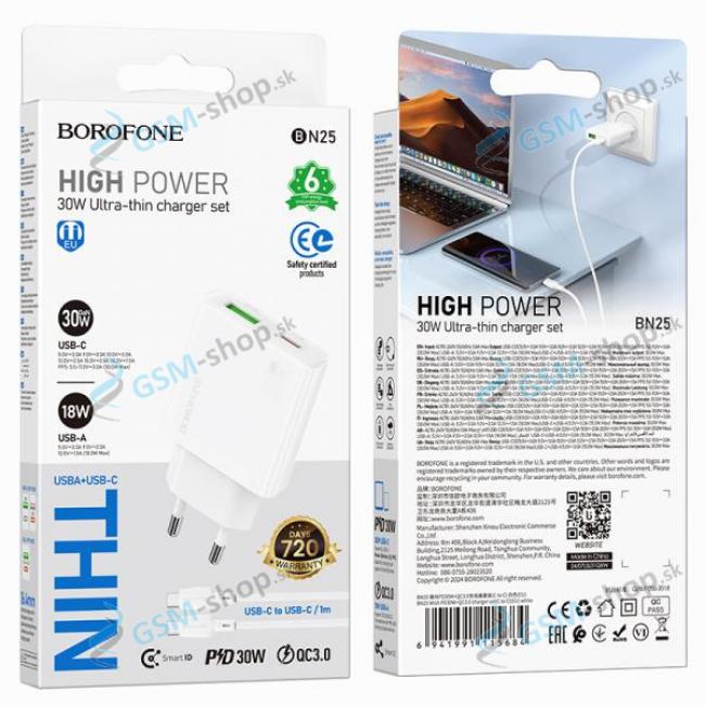 Nabjaka BOROFONE BN25 (Ultra Thin) USB TYP-C (QC3.0) PD 30W biela