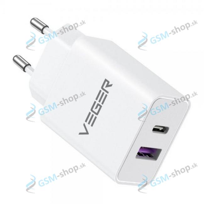 Dual adaptr USB a USB-C do siete VEGER TCE650 PD 65W QC3.0 3A biely